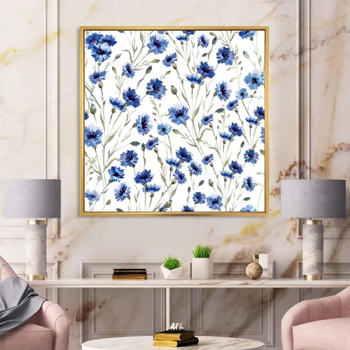 Vista 2 de DesignQ Lienzo enmarcado tradicional con flores silvestres azules con hojas verdes II