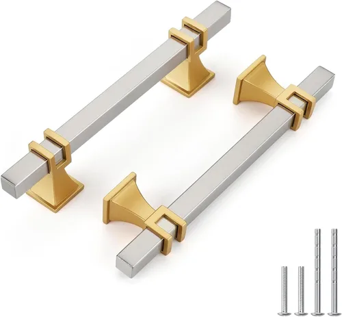 Vista 21 de Haliwu Paquete de 5 tiradores de gabinete con barra en T negra y dorada de 3 pulgadas, tiradores de puerta para armarios de cocina, manijas de zinc