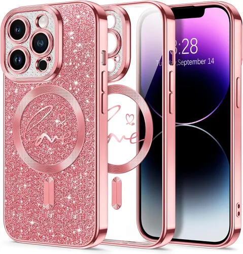 Vista 123 de Hython Funda para iPhone Air con purpurina, compatible con MagSafe Love Heart fundas magnéticas transparentes para teléfono para mujeres y niñas
