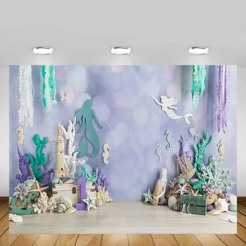 Vista 3 de MEHOFOND Telón de fondo de fotografía de sirena bajo el mar, 7 x 5 pies, decoración de fiesta de cumpleaños para niña, decoración de fiesta