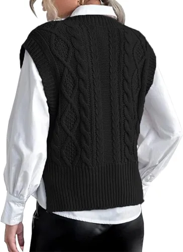 Vista 4 de Chaleco tipo suéter para mujer, cuello en V, sin mangas, de punto, liso, casual, acanalado, sin botones, sin botones