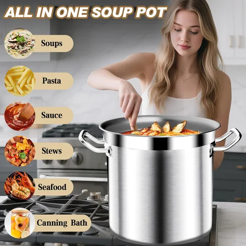 Vista 2 de Olla de Caldo de Acero Inoxidable Cepillado de 20 Cuartos con Tapa - Olla de Caldo Grande - Ollas de Caldo de Inducción de Servicio Pesado de Grado