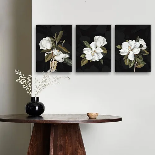 Vista 2 de ArtbyHannah Lienzo decorativo para pared, cuadros de flores, decoración de pared con magnolia blanca oscura, pintura floral para dormitorio, sala