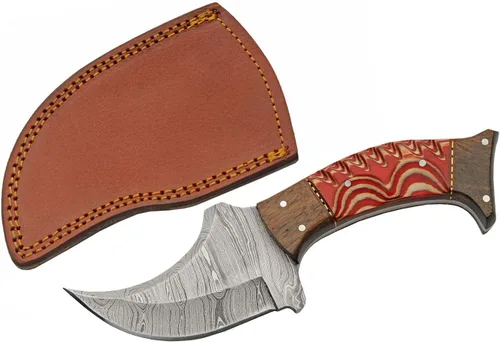 Vista 9 de SANZ - Cuchillo de caza de rinoceronte de Damasco de 8 pulgadas, cuchillo de campamento azul con mango de madera, hoja de espiga completa y funda