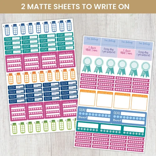 Vista 3 de bloom daily planners - Hojas adhesivas para planificador de salud, bienestar y fitness - Paquete de calcomanías variadas - ¡Seis hojas adhesivas por
