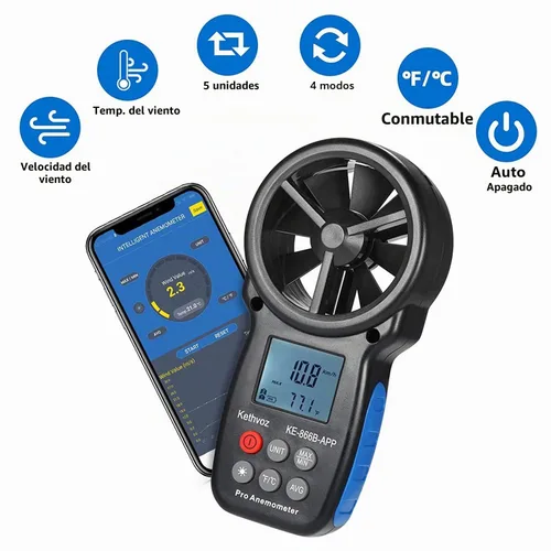 Vista 2 de Anemómetro Bluetooth Medidor de velocidad del viento con registrador