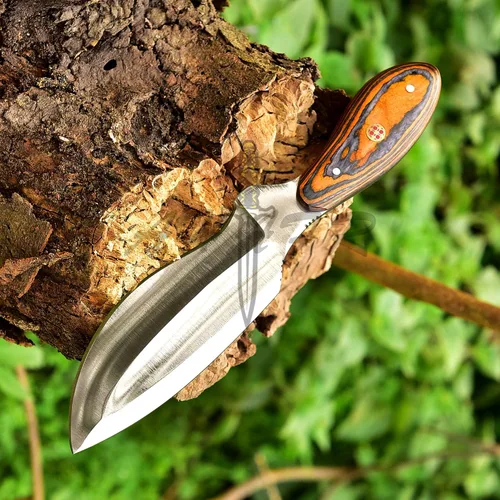 Vista 7 de Cuchillo Bowie - Acero D2, mango de madera PAKKA de 9", naranja, táctico y para exteriores, con funda - KE-0549-HK