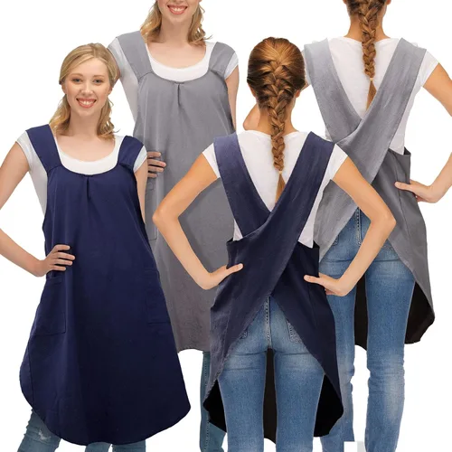 Vista 8 de JaGely Paquete de 2 delantales de cocina de lino japonés con espalda cruzada para mujeres y hombres con 2 bolsillos, lindo vestido de jardinería