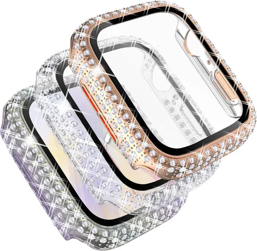 Vista 10 de Fullife Paquete de 3 fundas compatibles con Bling Apple Watch Series 3 de 1.496 pulgadas, fundas protectoras con diamantes de cristal con protector