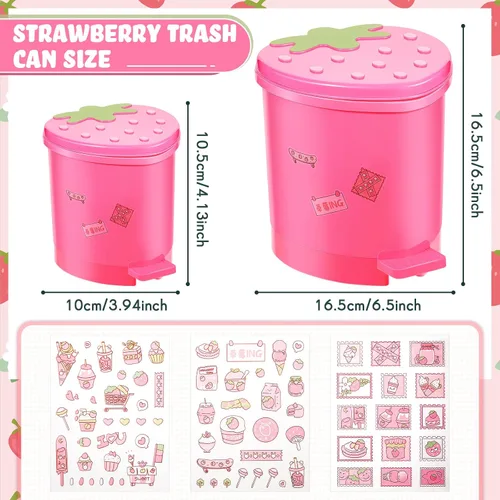 Vista 2 de Tessco for you 2 piezas de basura de escritorio de fresa, lindo bote de basura pequeño para encimera con tapa, cubo de basura pequeño Kawaii de Rosa