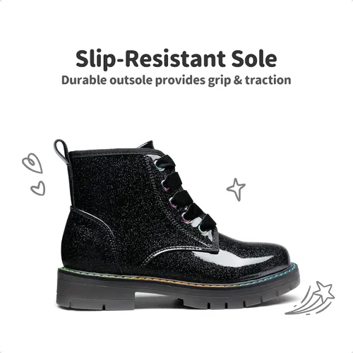 Vista 2 de DREAM PAIRS Botas de tobillo con purpurina para niñas y niños, zapatos de combate con cremallera lateral con cordones (bebéniño pequeñoniño grande)