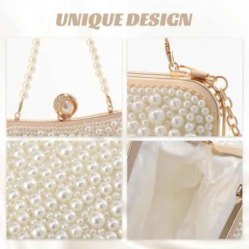 Vista 4 de Fecialy Women Pearl Clutch Purses Evening Handbags Clutch Wedding Crystal Shoulder Bag with Pearl Chain