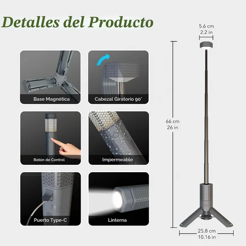 Vista 3 de Luz telescópica para campamento con soporte, linterna de campamento recargable de 10500 mAh, linterna portátil regulable con bolsa