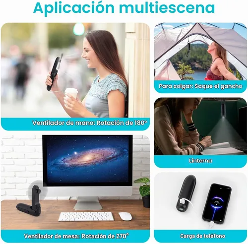 Vista 2 de Digibond Mini ventilador de mano recargable con batería 2000mAh 6in1 forma de bala Ventilador personal portátil 3 velocidades con linterna (negro)