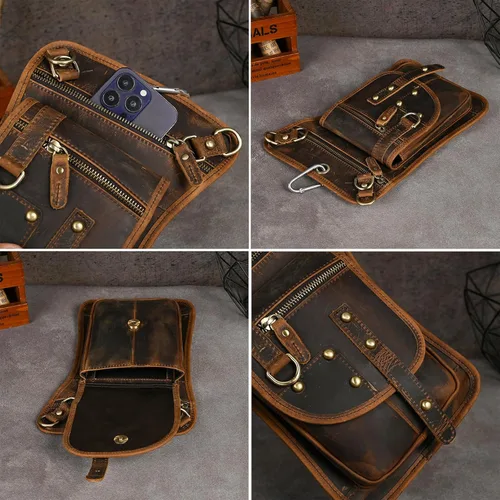 Vista 6 de Riñonera de viaje de lona + cuero para motocicleta, bolsa de cintura para muslo, bolsa para hombres y mujeres FB2141
