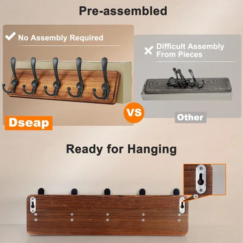 Vista 4 de Dseap Perchero de Pared Montado - 5 Ganchos Triangulares, Resistente, Perchero de Pared de Madera para Abriggos, Sombreros, Chaquetas, Ropa, Negro