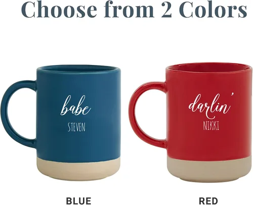 Vista 4 de Let's Make Memories Juego de 2 tazas de gres personalizadas, para el día de San Valentín, para parejas, para bodas, aniversarios, color azul, diseño