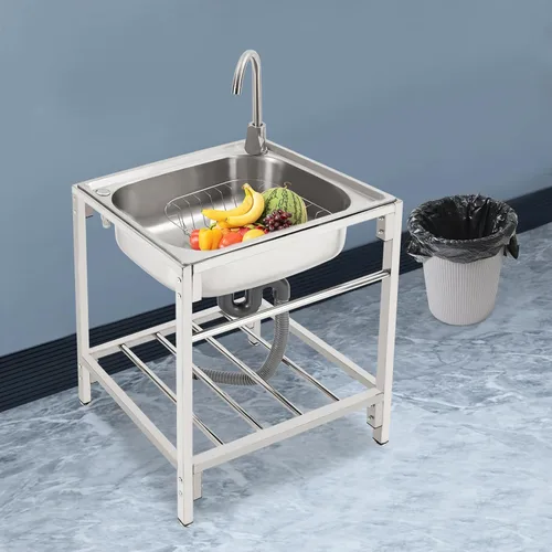 Vista 3 de Fregadero de cocina de acero inoxidable con soporte, fregadero de lavandería simple para el hogar con grifo, lavabo multiusos independiente
