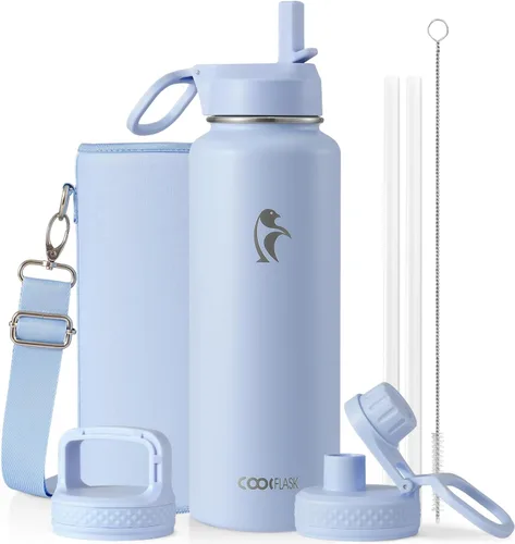 Vista 53 de Coolflask Botella de agua de 24 onzas aislada con pajilla, 3 tapas de metal de acero inoxidable, botella de agua de boca ancha para deportes u