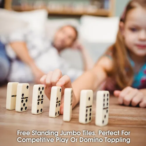 Vista 5 de CHH Black/Cream Color Double 6 Jumbo Size Domino Tiles – Premium Set of 28 Ivory Dominoes – Classic Family Game in Cardboard Box (Pack of 2)