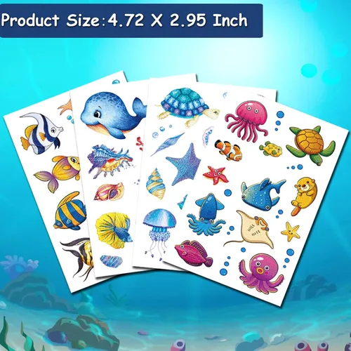 Vista 3 de Tatuajes temporales de animales marinos con purpurina para niños, más de 120 tatuajes falsos de animales oceánicos de dibujos animados para niñas