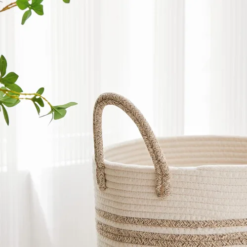 Vista 3 de VIPOSCO Cesta de lavandería tejida pequeña de 30L, color marrón y blanco