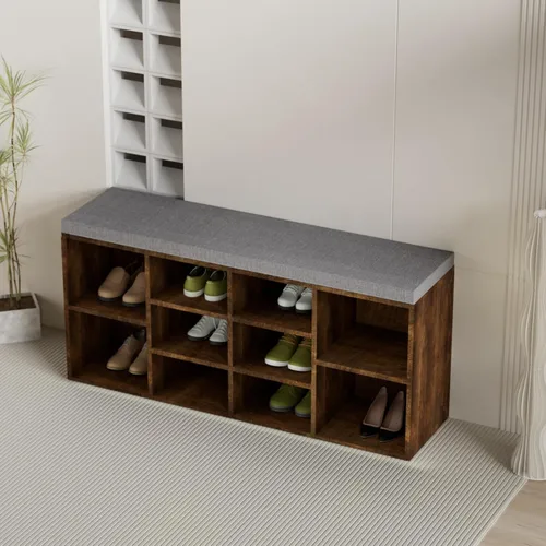 Vista 2 de Banco de almacenamiento de 10 compartimientos, zapatero de 3 niveles, estante ajustable, cojín extraíble, negro, madera de ingeniería Marrón