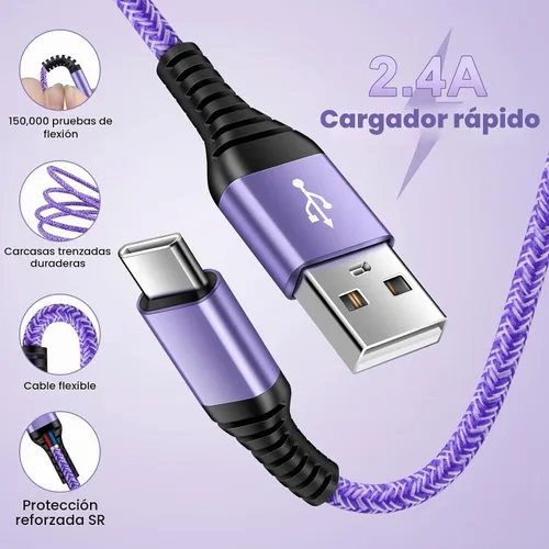 Vista 8 de Cable USB C S25 Ultra Samsung [2 unidades, 3 pies] USB A a USB C Cable de Púrpura