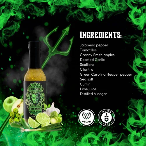 Vista 6 de Hellfire Hot Sauce Devil's Blend - Salsa Verde Gourmet picante picante de Carolina Reaper asada al fuego, presentada en el programa de televisión