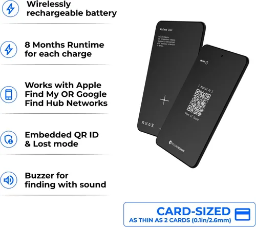 Vista 2 de Rolling Square AirCard Dual - Rastreador de billetera Bluetooth - Compatible con Apple iOS Find My y Google Android Find Hub - Carga inalámbrica