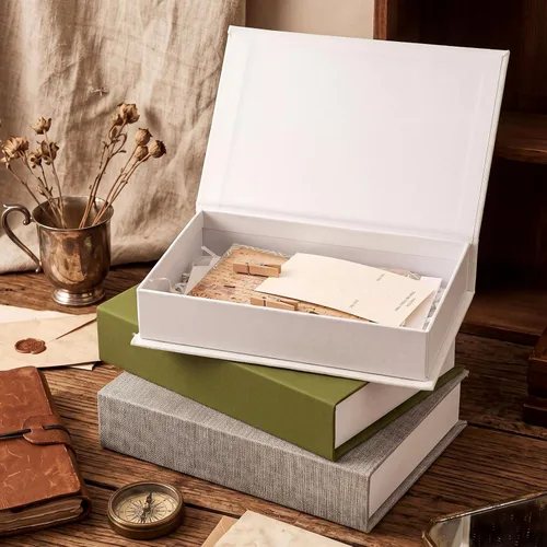 Vista 3 de Tioncy Caja de libros falsos de lino neutro, 3 piezas, decoración de imitación para decoración del hogar, estantes, mesa, tarjetas, fotos, regalo