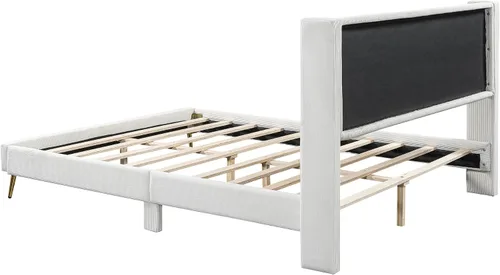 Vista 7 de Marco de cama de terciopelo tamaño Queen, cabecera capitonada con alas de canal vertical, cama con plataforma tapizada, listones de madera fuertes