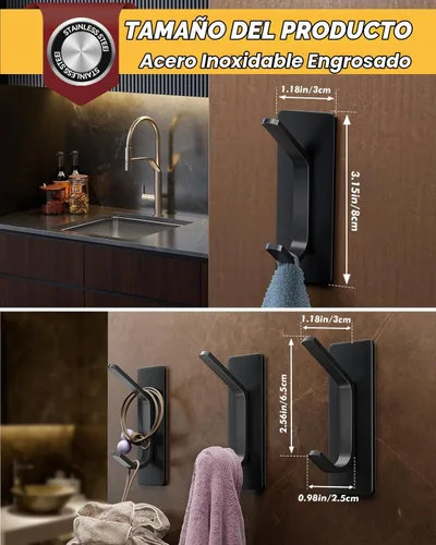 Vista 8 de Auxmir Ganchos adhesivos dobles, paquete de 5 ganchos de acero inoxidable 3.15"x1.18"-Negro