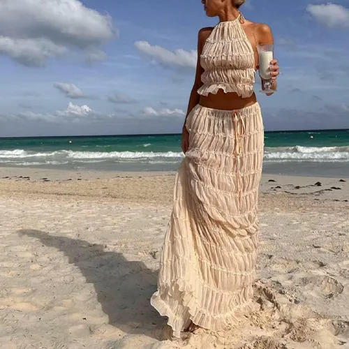 Vista 5 de Conjunto de falda Y2K para mujer, sin tirantes, ombliguera entallada, falda midi, vestido sexy de 2 piezas, falda de punto, falda de verano