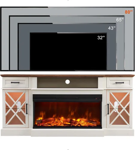 Vista 6 de OKD - Mueble de TV de estilo granja con chimenea, soporte de centro de entretenimiento de 70" con chimenea eléctrica de vidrio de 3 lados de 36