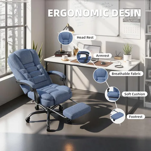 Vista 3 de Silla de juegos con reposapiés, silla de oficina ergonómica reclinable de 90° a 150°, silla de escritorio ajustable con reposabrazos de Tela azul