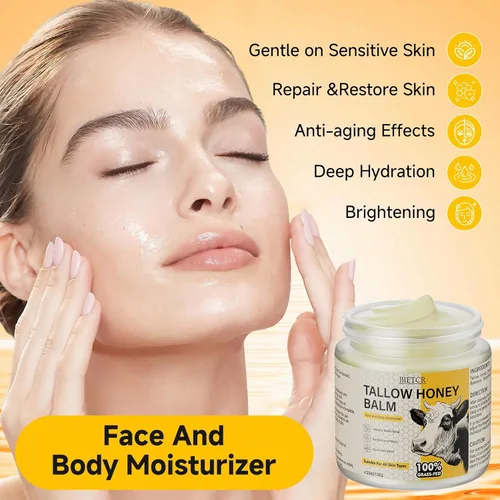 Vista 4 de Sarga de carne orgánica alimentada con pasto para piel, cuerpo, crema hidratante facial para eczema, bálsamo labial, bálsamo de miel de sebo batido