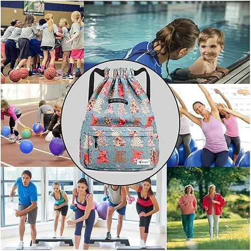 Vista 6 de Bolsa impermeable con cordón, bolsa de gimnasio, mochila deportiva de playa para hombres y mujeres