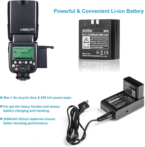 Vista 7 de Godox V860II-N TTL Flash para Nikon, GN60 2.4G inalámbrico 1/8000s HSS Batería de iones de litio de 11.1 V 2000 mAh, aproximadamente 650 destellos