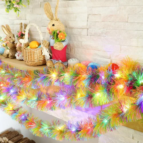 Vista 3 de Chuangdi Guirnalda de oropel de Pascua de 16.4 pies con tira de luces LED, guirnalda de alambre metálico con alambre metálico, decoración