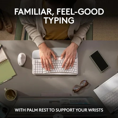 Vista 4 de Logitech Wave Keys - Teclado ergonómico inalámbrico con reposamanos acolchado para múltiples sistemas operativos + mouse Lift ergonómico vertical