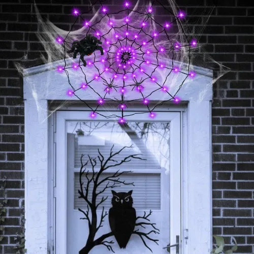 Vista 6 de Luces de telaraña de Halloween Decrations, 70 luces LED de telaraña para decoración de Halloween en interiores y exteriores, impermeables, luces LED