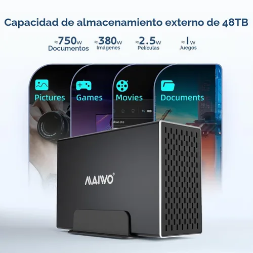 Vista 4 de MAIWO Caja RAID de disco duro de doble bahía con ventilador de refrigeración para 2.5/3.5 pulgadas SATA SSD/HDD, caja de disco duro USB 3.0 de 5