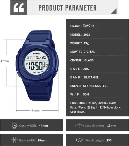 Vista 4 de CakCity Reloj digital para hombre, impermeable, reloj deportivo con cronómetro, cuenta regresiva, doble hora, cuadrado, relojes digitales unisex