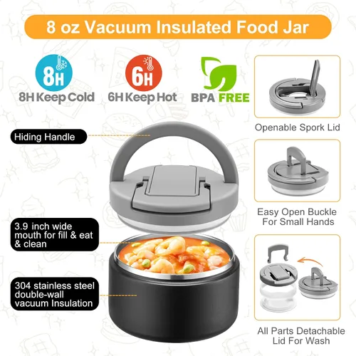 Vista 3 de MAXSO Set de Lonchera Bento para Niños con Termo de Sopa de 8 oz, Envase para Comida Caliente a Prueba de Fugas con 4 Compartimentos, Tarro