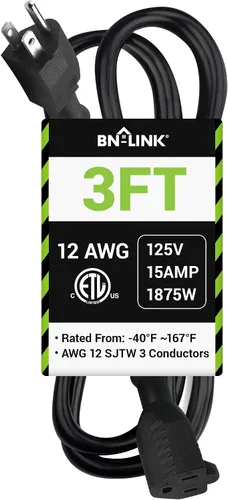 Vista 15 de BN-LINK Cable de extensión para electrodomésticos de 3 pies, cable de alimentación resistente de 15 amperios, 14/3 SPT-3, enchufe plano con conexión