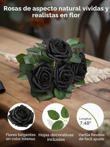Vista 2 de InnoGear Flores artificiales, paquete de 50 unidades, rosas artificiales de espuma negras con tallos a granel para decoración, ramos de boda DIY