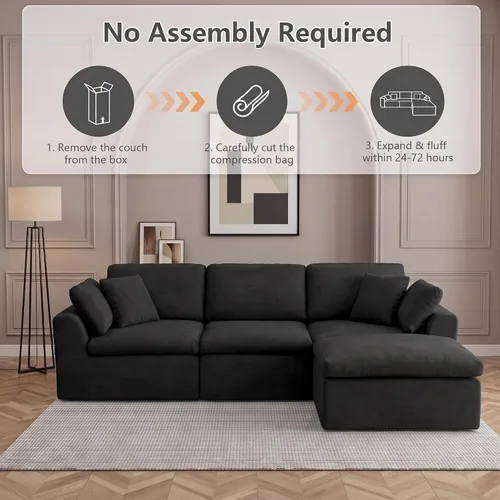 Vista 6 de Sofás seccionales de nube deshuesada de 110 pulgadas para sala de estar, sofá modular en forma de L con otomana, moderno y cómodo sofá nube con Negro
