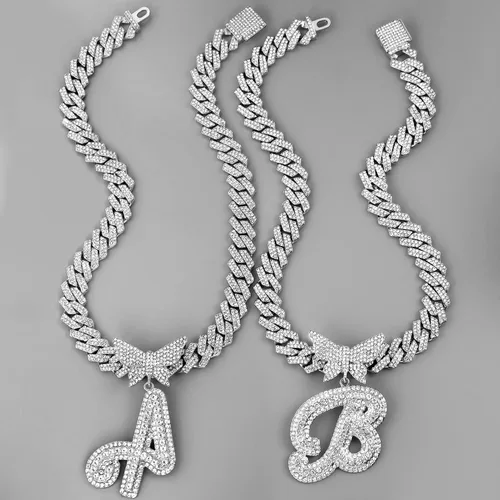 Vista 5 de Cadena de eslabones cubanos para mujer, con inicial de plata cursiva de 0.55 pulgadas, con punta de diamante, cadena cubana de hip hop, collar