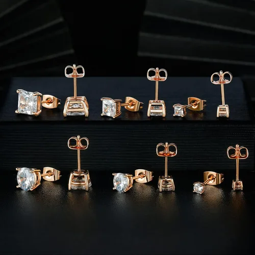 Vista 4 de Aretes de tuerca de circonita cúbica transparente chapados en oro de 18 quilates (6 pares), Circonia cúbica